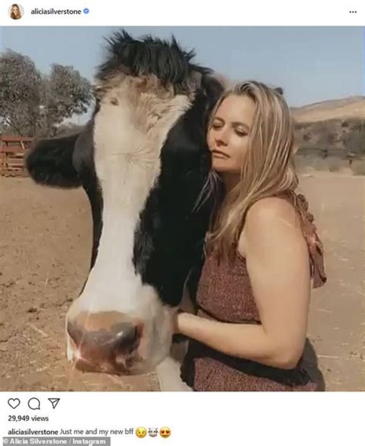 Alicia Silverstone cuddles a cow in Instagram post after launching organic vegan vitamin line