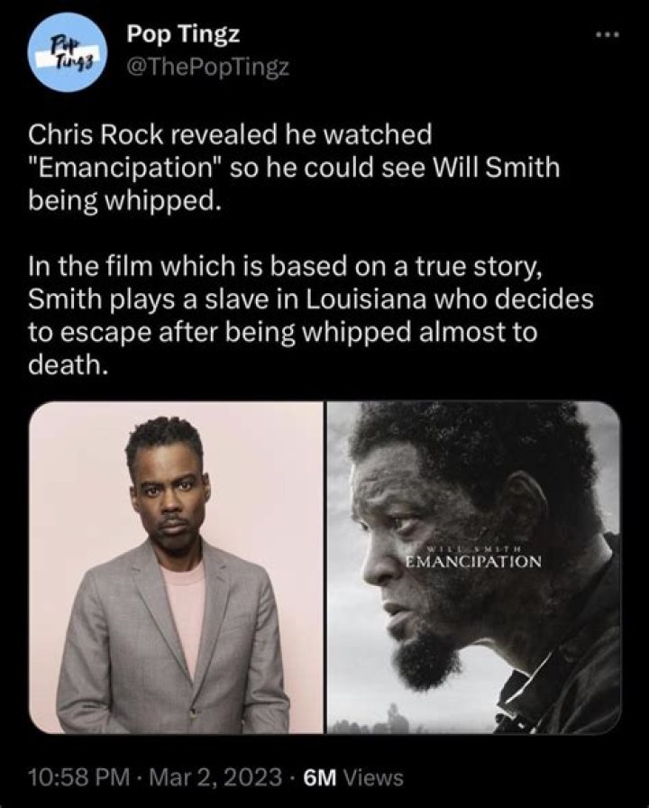 Chris Rock says he watched Will Smith's movie Emancipation just to see the actor being 'whipped'
