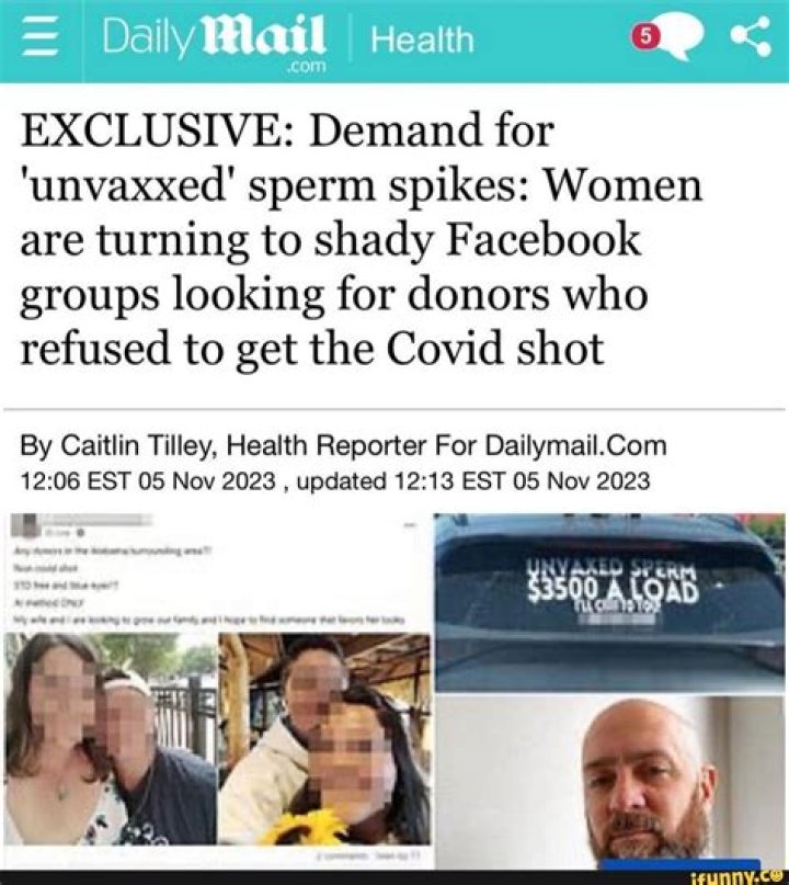 EXCLUSIVE: Demand for 'unvaxxed' sperm spikes: Women are turning to shady Facebook groups looking for donors who refused to get the Covid shot