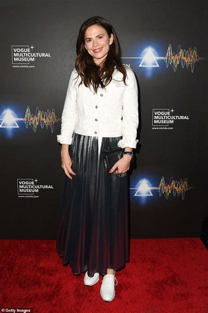 Hayley Atwell looks effortlessly chic in a leather skirt at Pink Floyd exhibition