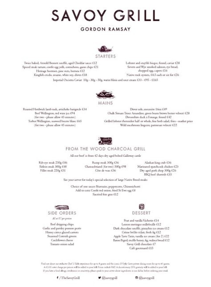 How much is the menu at Gordon Ramsay's Savoy Grill?