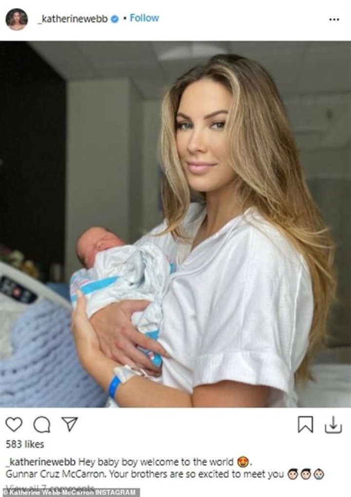Katherine Webb-McCarron gives birth to a baby boy with husband AJ by her side