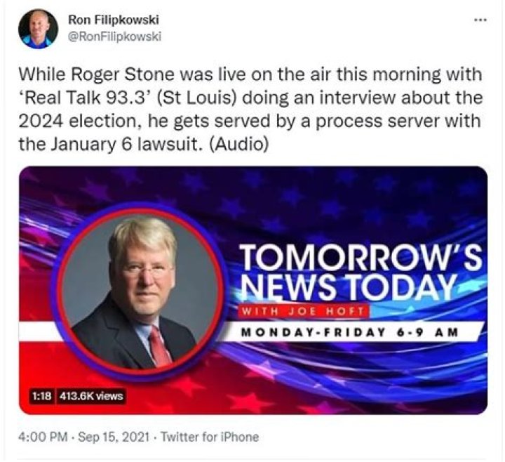 Moment Roger Stone is served legal papers during live radio interview