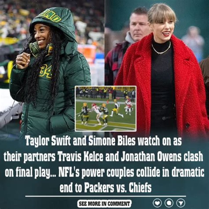 Taylor Swift and Simone Biles watch on as their partners Travis Kelce and Jonathan Owens clash on final play... NFL's power couples collide in dramatic end to Packers vs. Chiefs